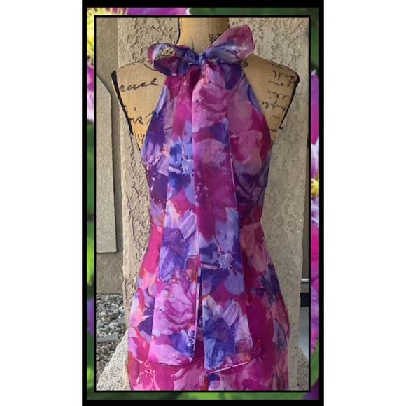Lulus Magenta Floral Organza Tie Bow Back Trumpet Midi Dress Size Small - Picture 4 of 10